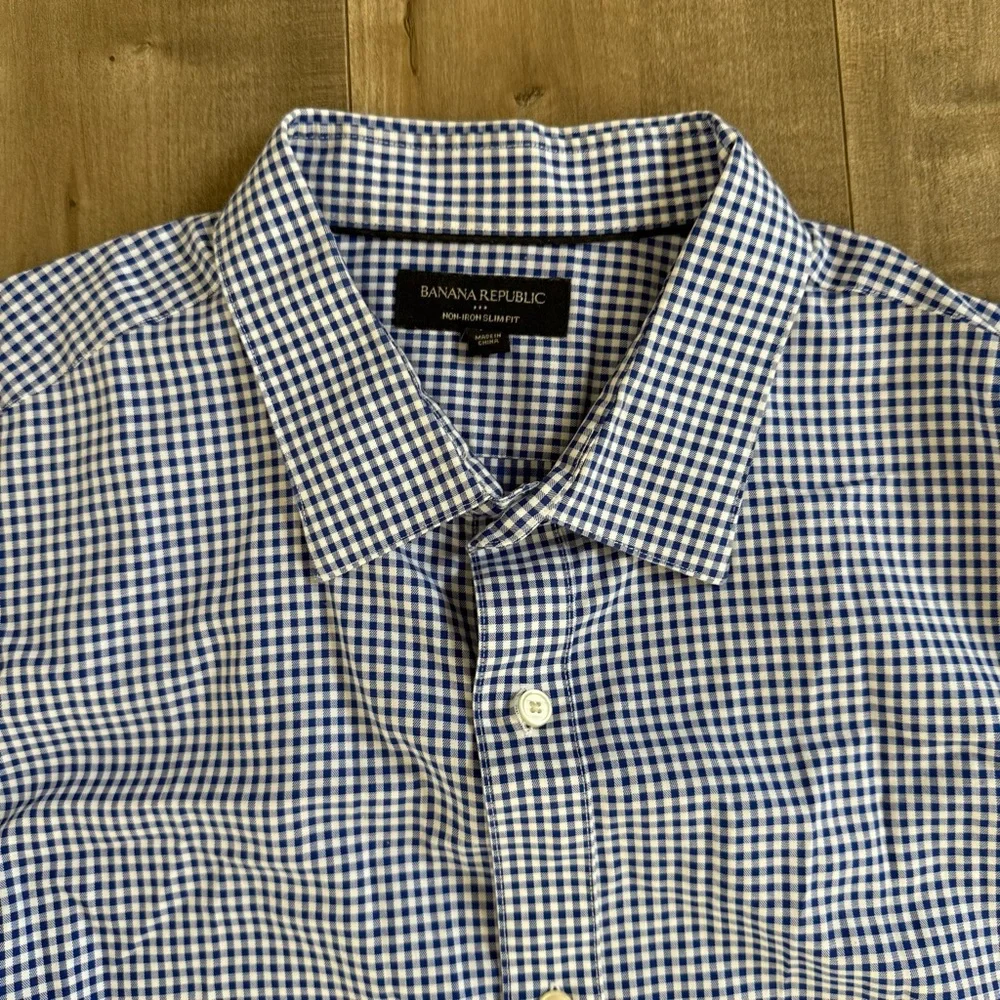 Banana Republic‎ Slim Fit Non Iron Long Sleeve Button Up Men XL Blue White Check